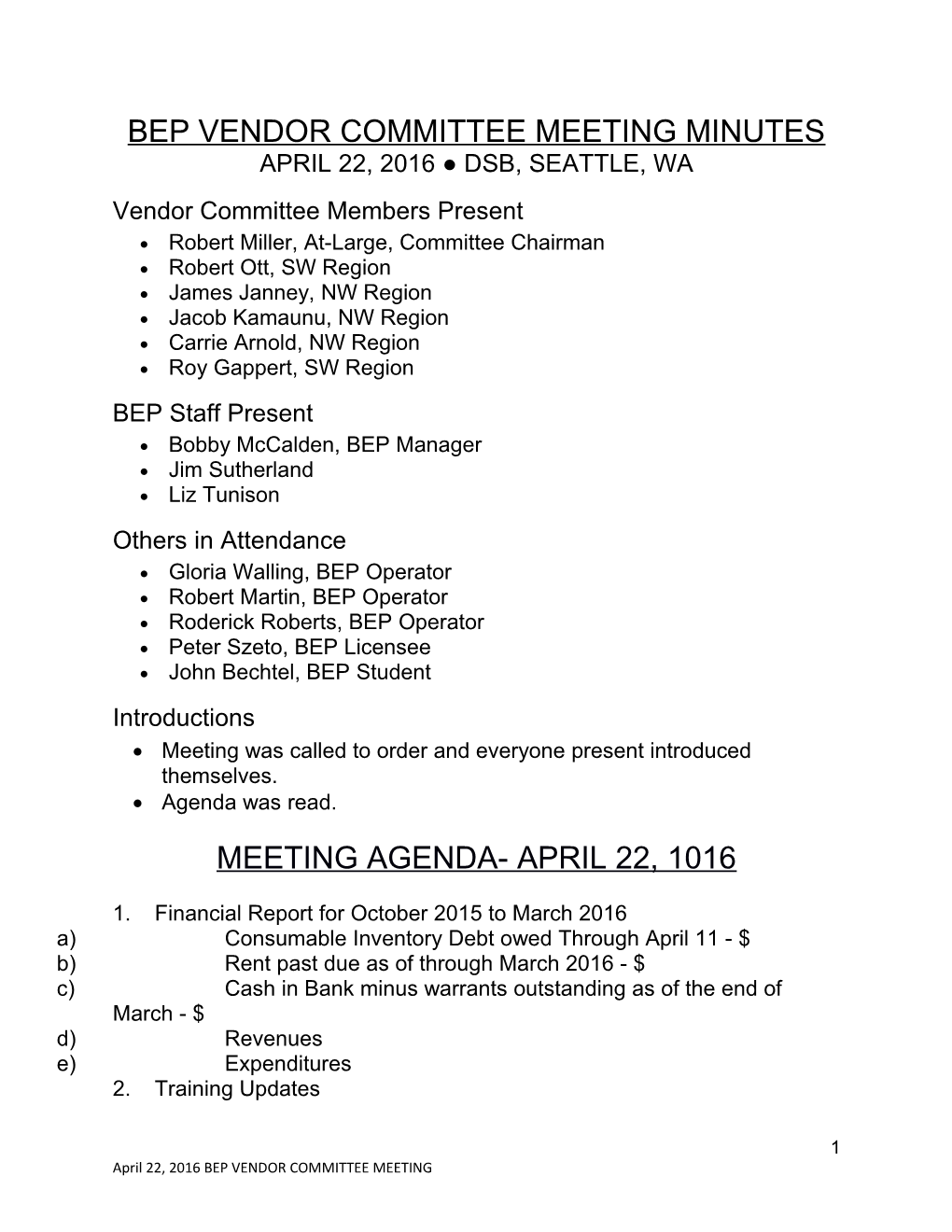 Vendor Committee Meeting Minutes