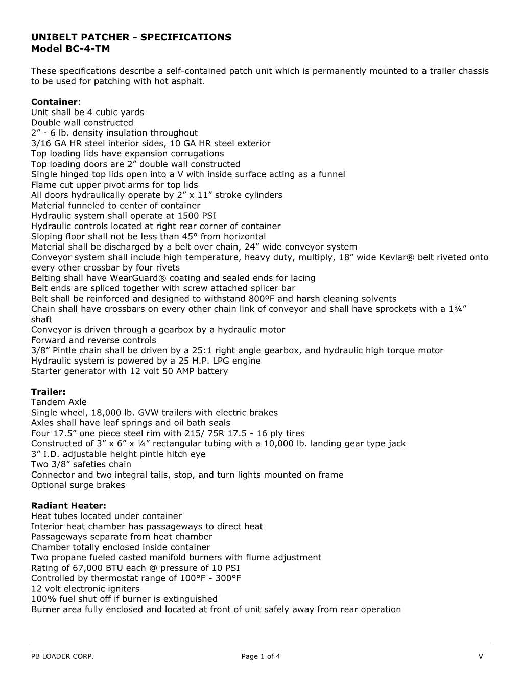 Truck Mounted Loader - Specifications