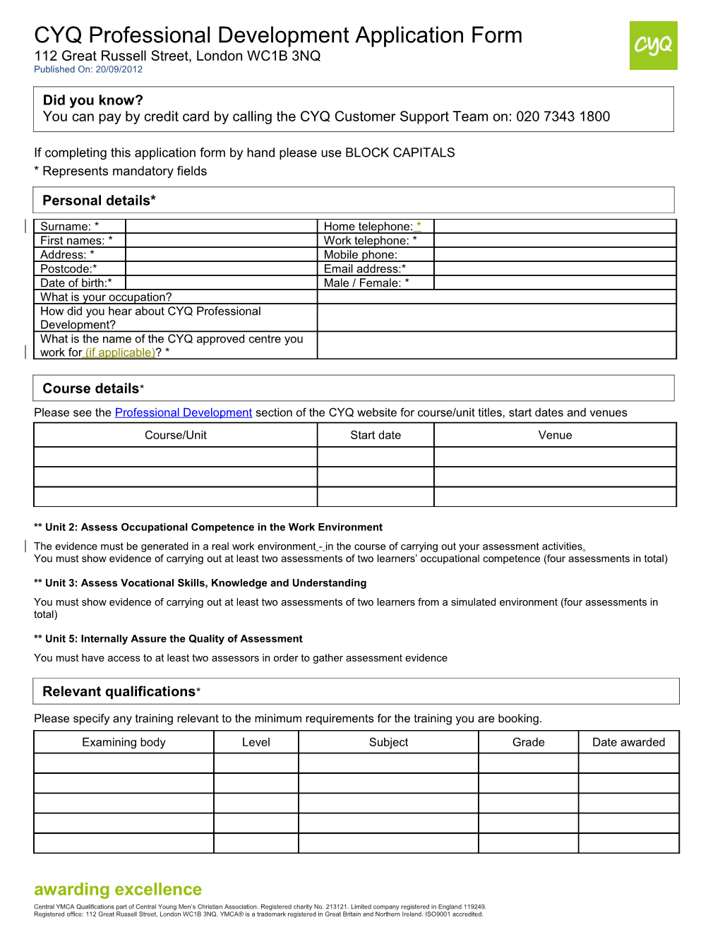 YMCA Fitness Industry Training Application Form