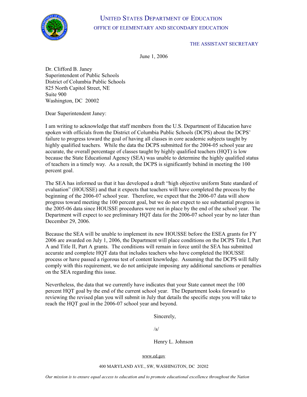 Letter to Superintendent of District of Columbia Public Schools from Assistant Secretary