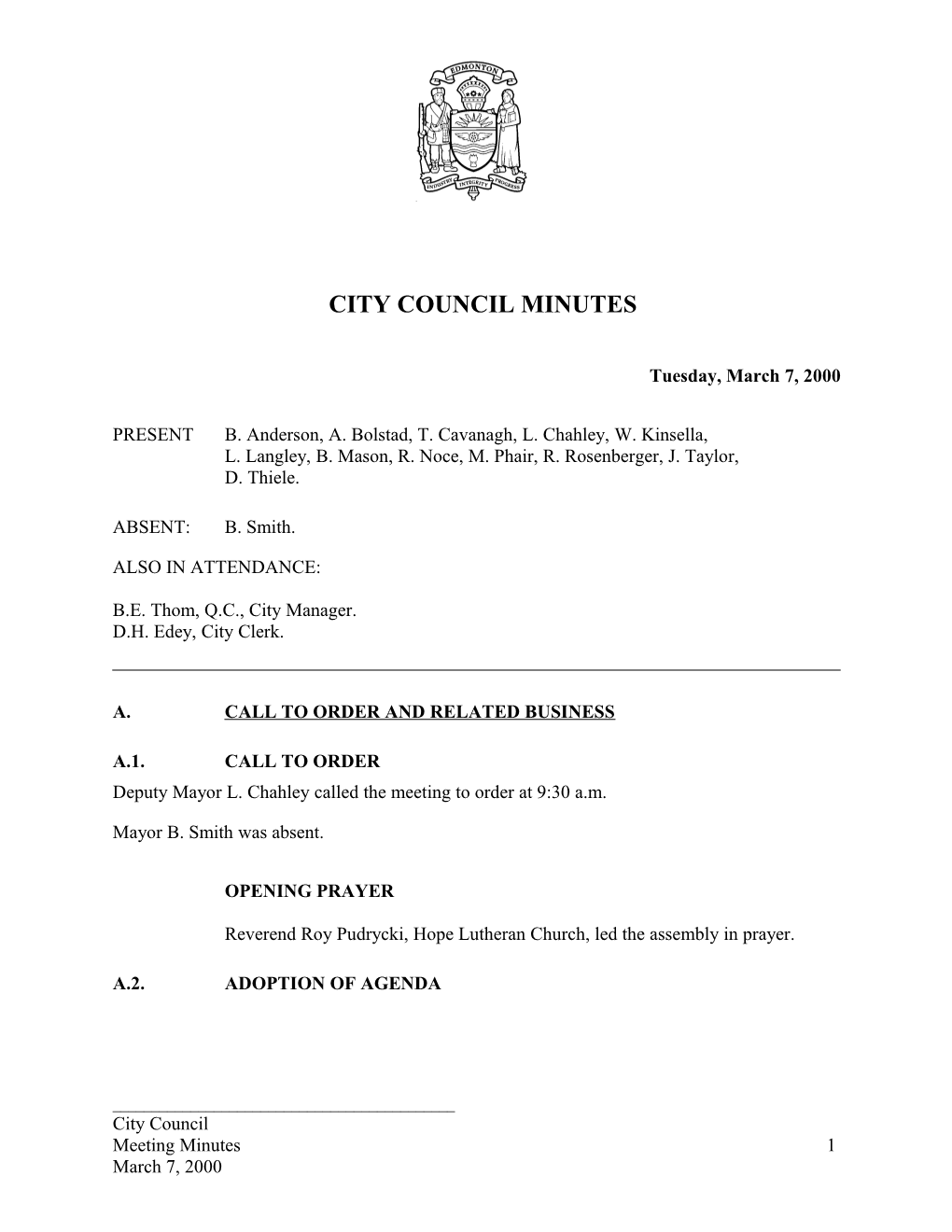 Minutes for City Council March 7, 2000 Meeting