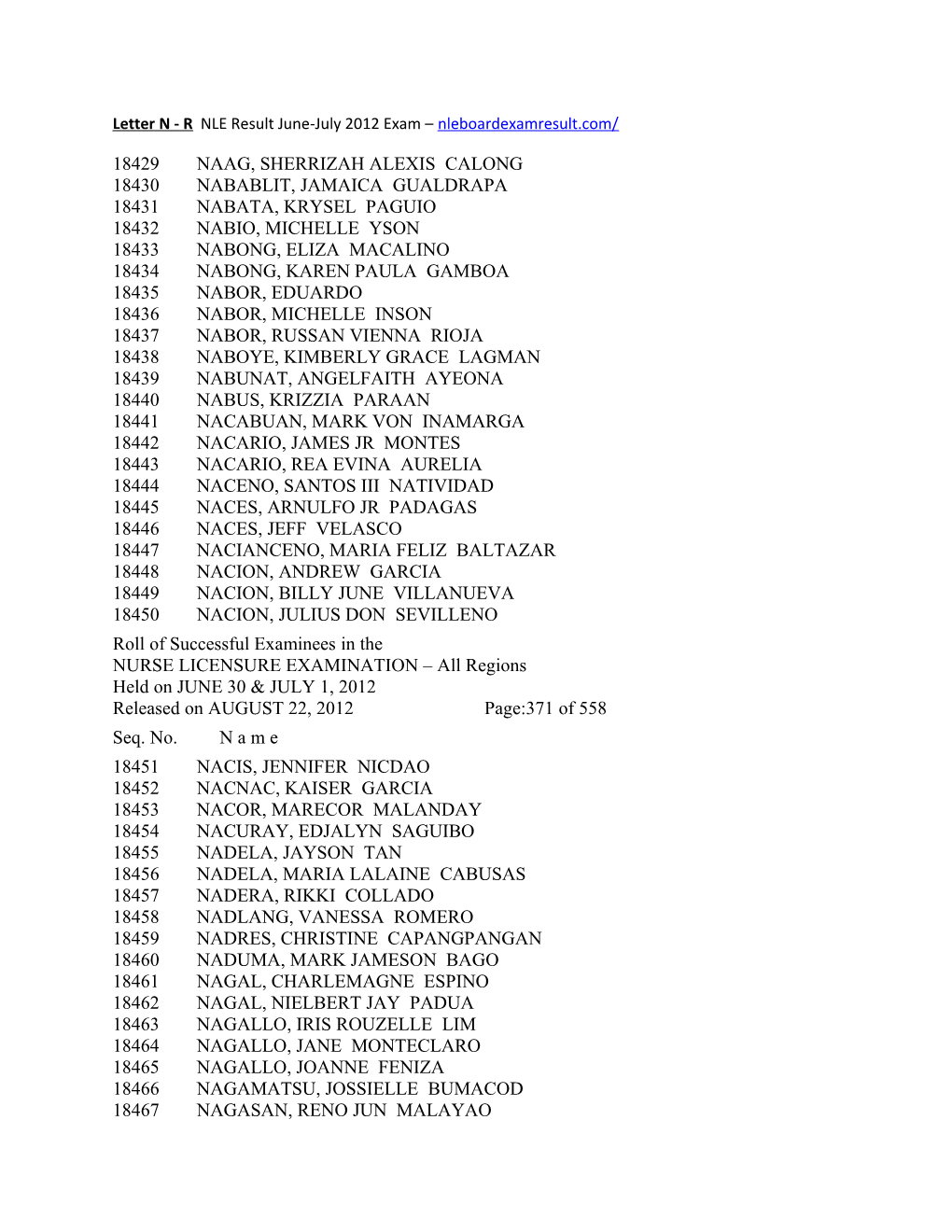 Letter N - R NLE Result June-July 2012 Exam Nleboardexamresult.Com