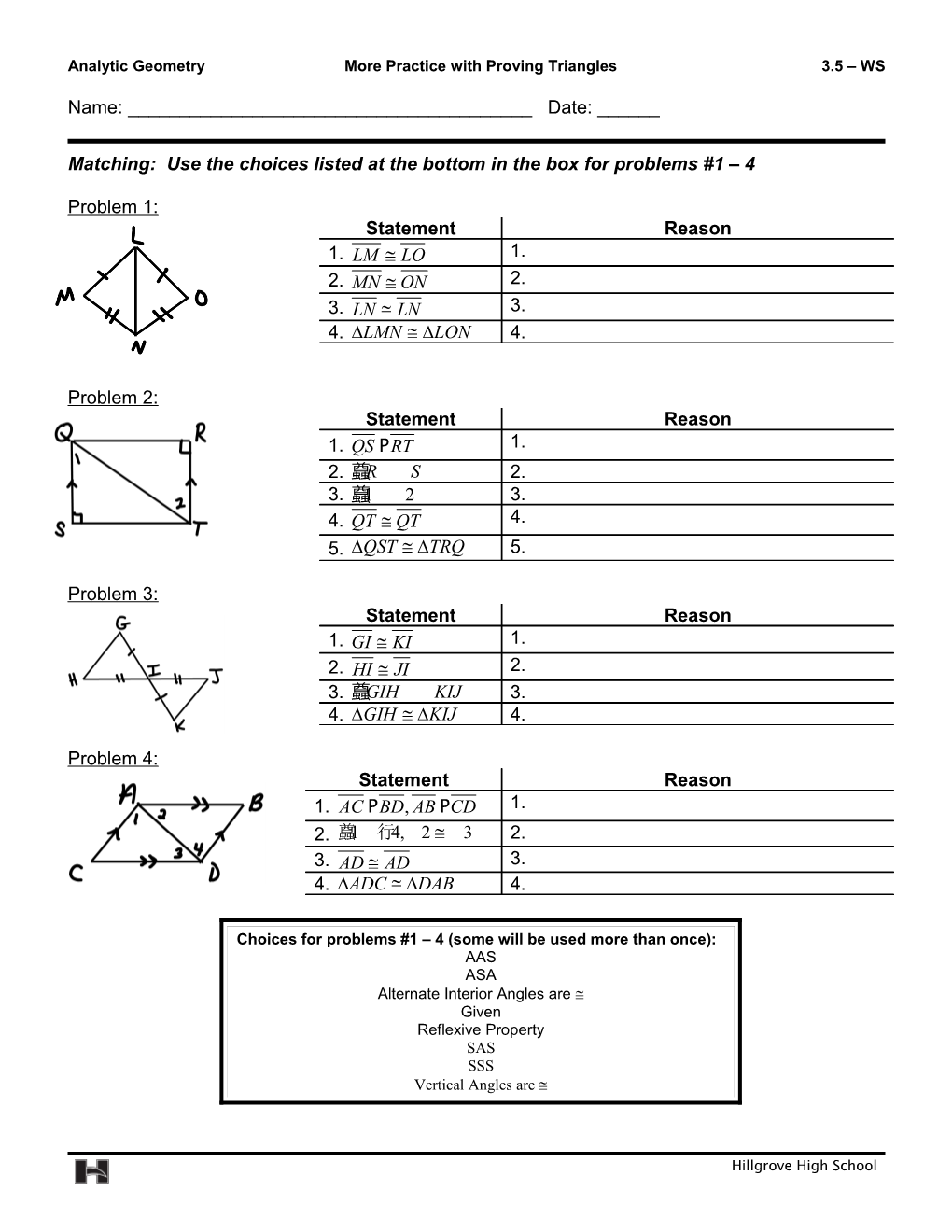 Analytic Geometry More Practice with Proving Triangles 3.5 WS