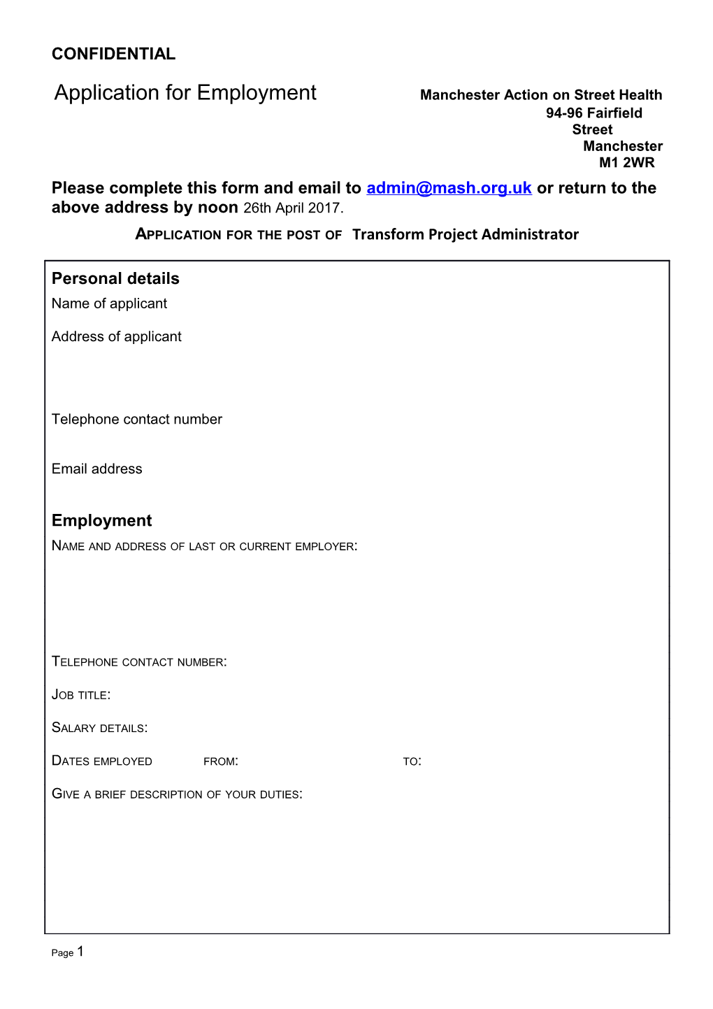 Application for Employment Manchester Action on Street Health