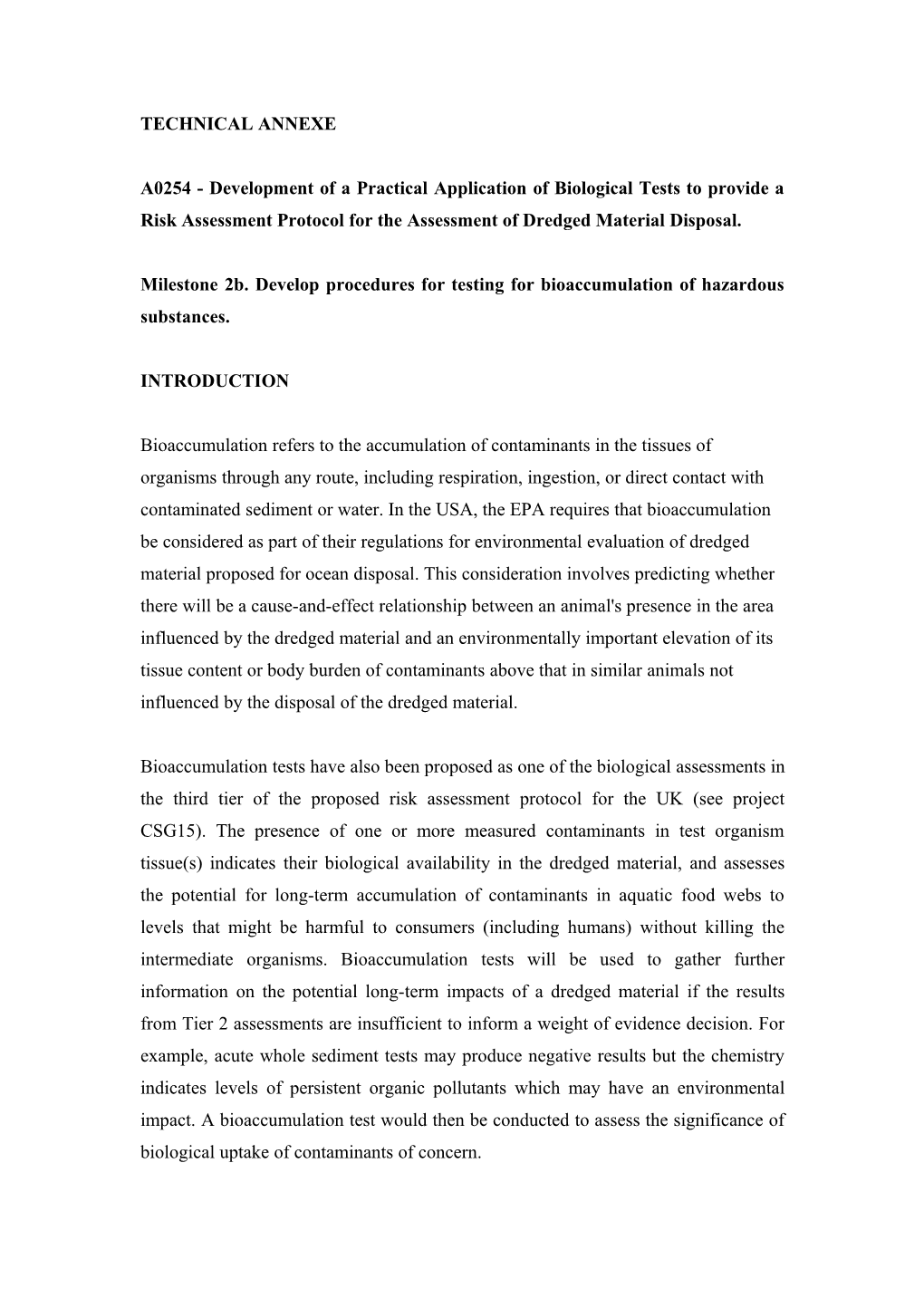 Milestone 2B. Develop Procedures for Testing for Bioaccumulation of Hazardous Substances
