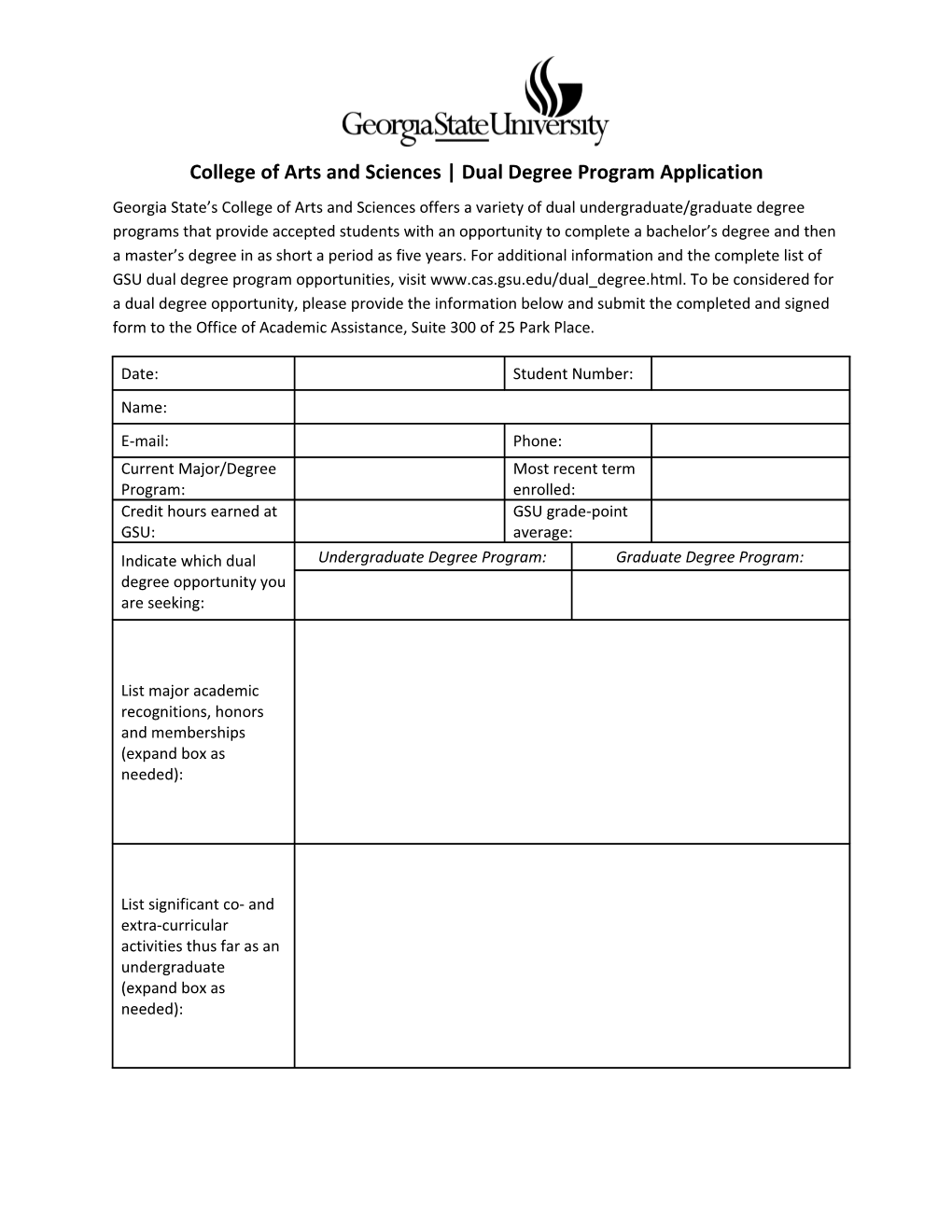 College of Arts and Sciences Dual Degree Program Application