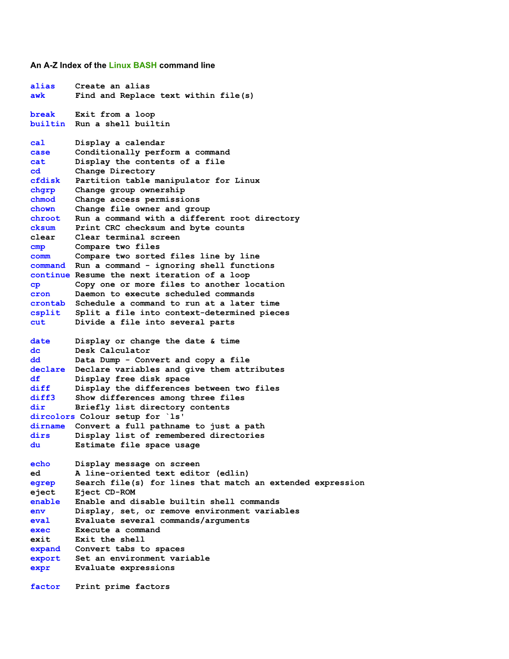 An A-Z Index of the Linux BASH Command Line