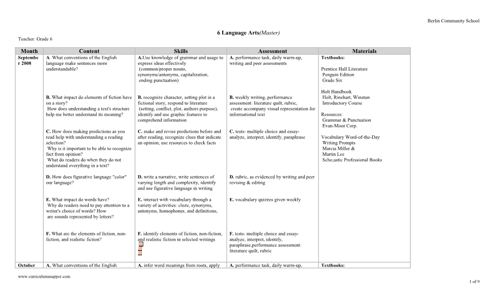Comfort 6 Language Arts(Master) Berlin Community School