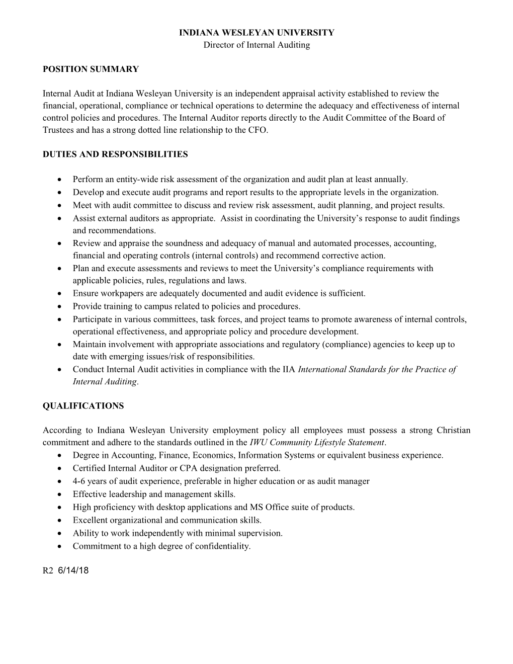 Indiana Wesleyan University Internal Auditor Position