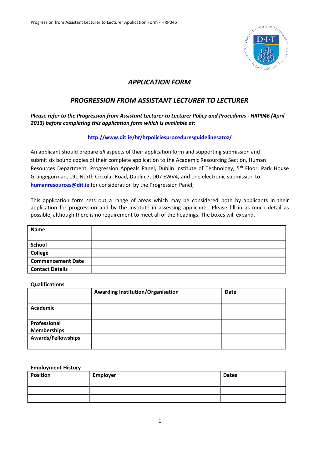Progression from Assistant Lecturer to Lecturer Application Form - HRP046
