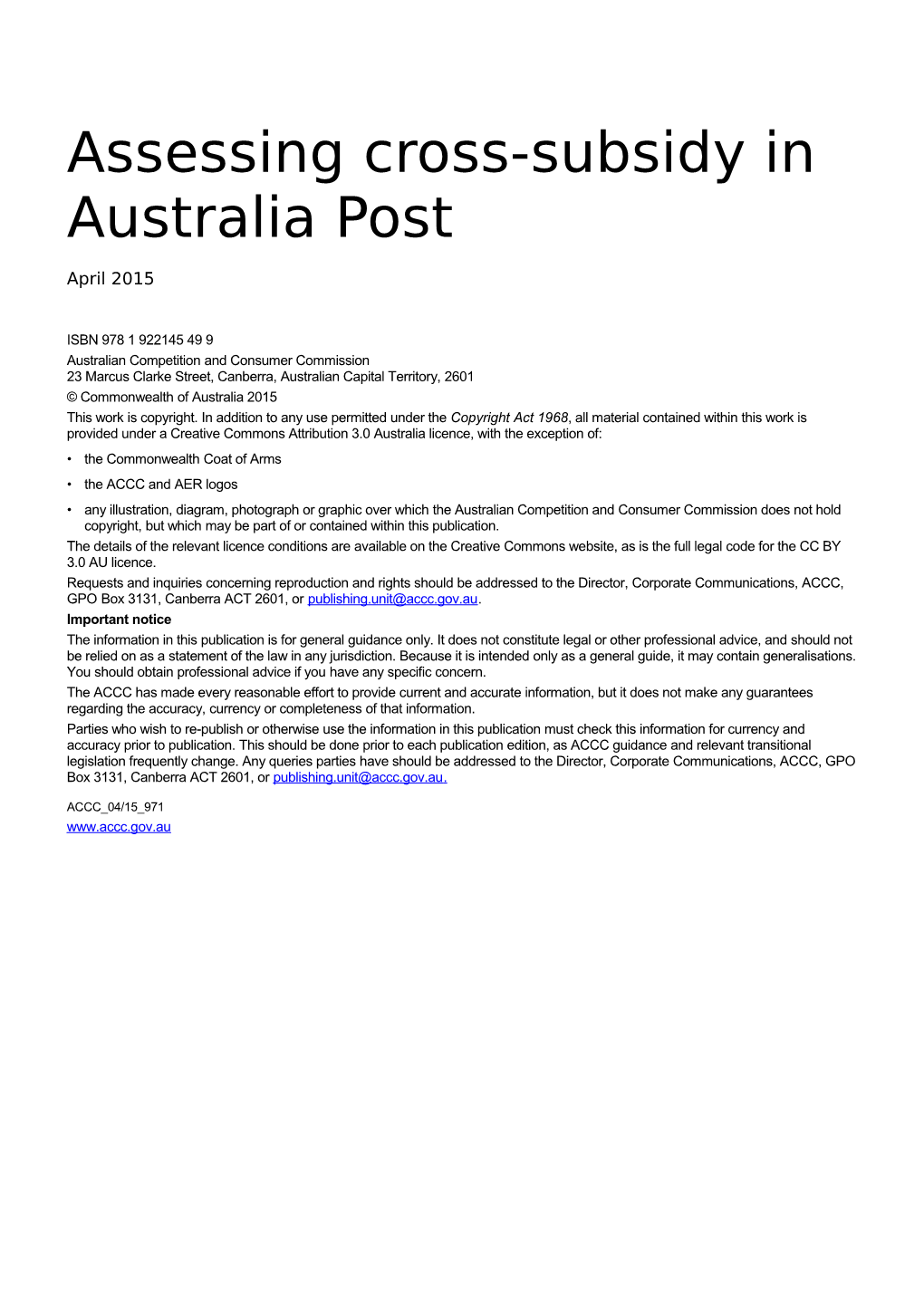 Assessing Cross-Subsidy in Australia Post