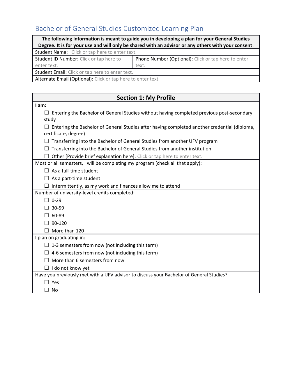 Bachelor of General Studies Customized Learning Plan