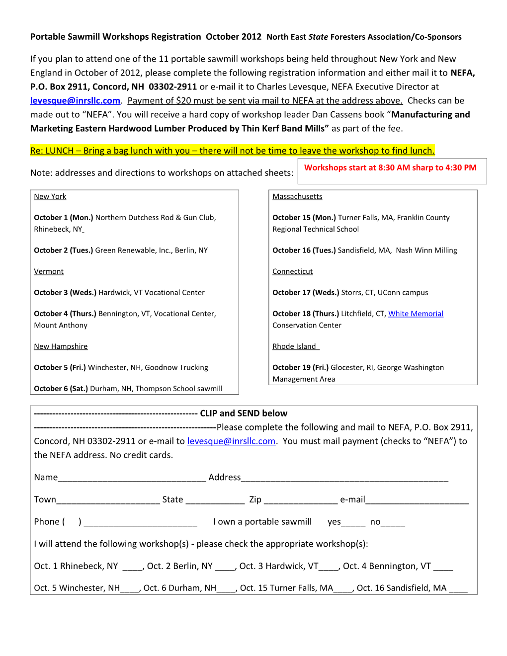 Portable Sawmill Workshops Registration October 2012 North East State Foresters