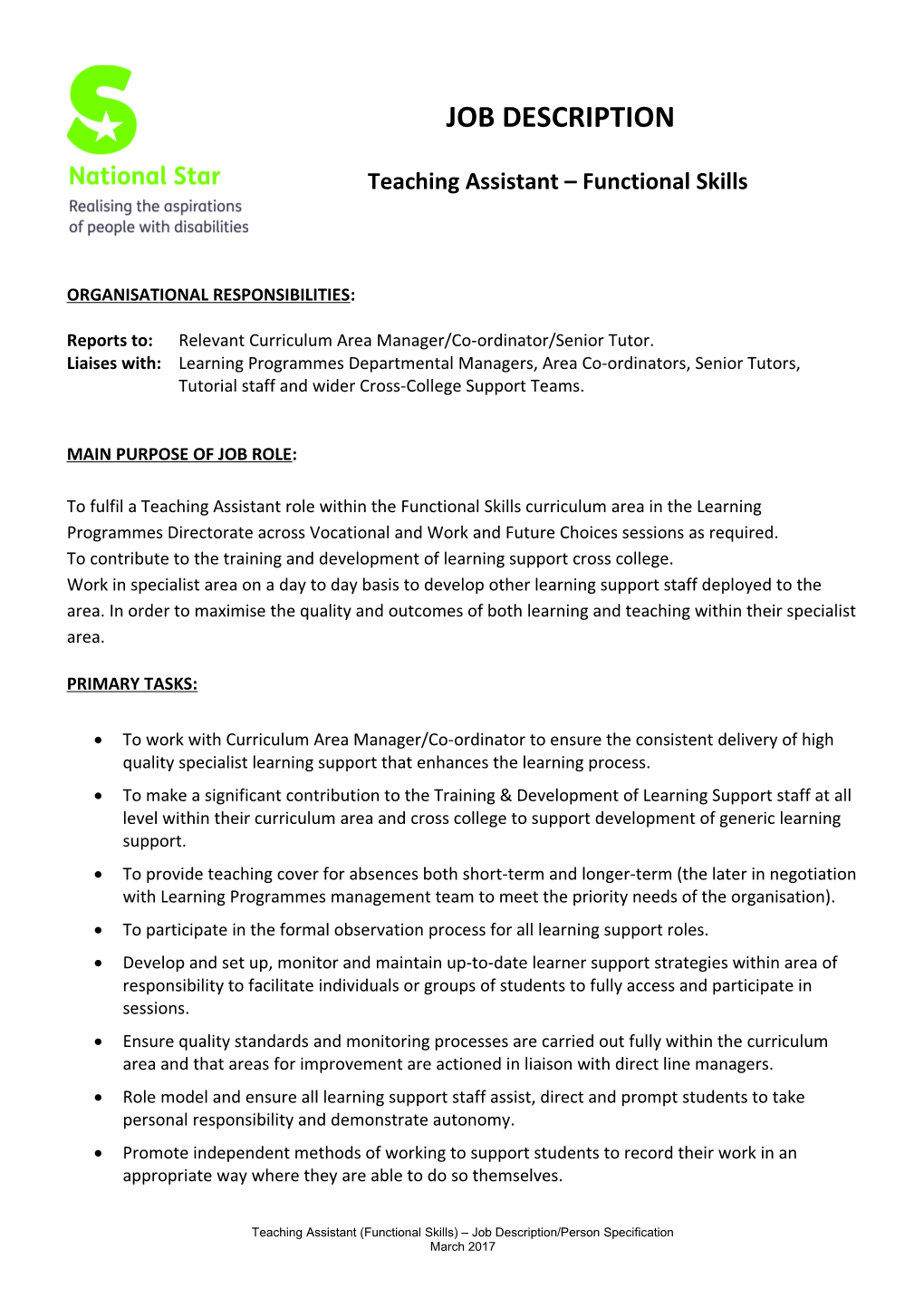 Teaching Assistant Functional Skills