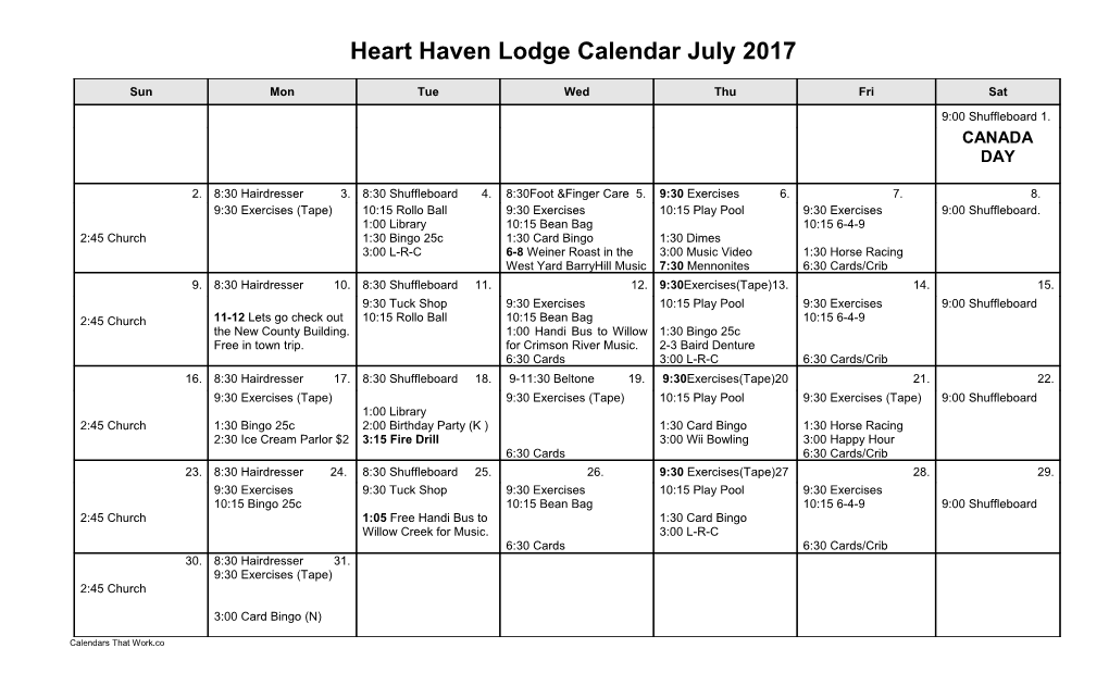 Heart Haven Lodge Calendar July 2007