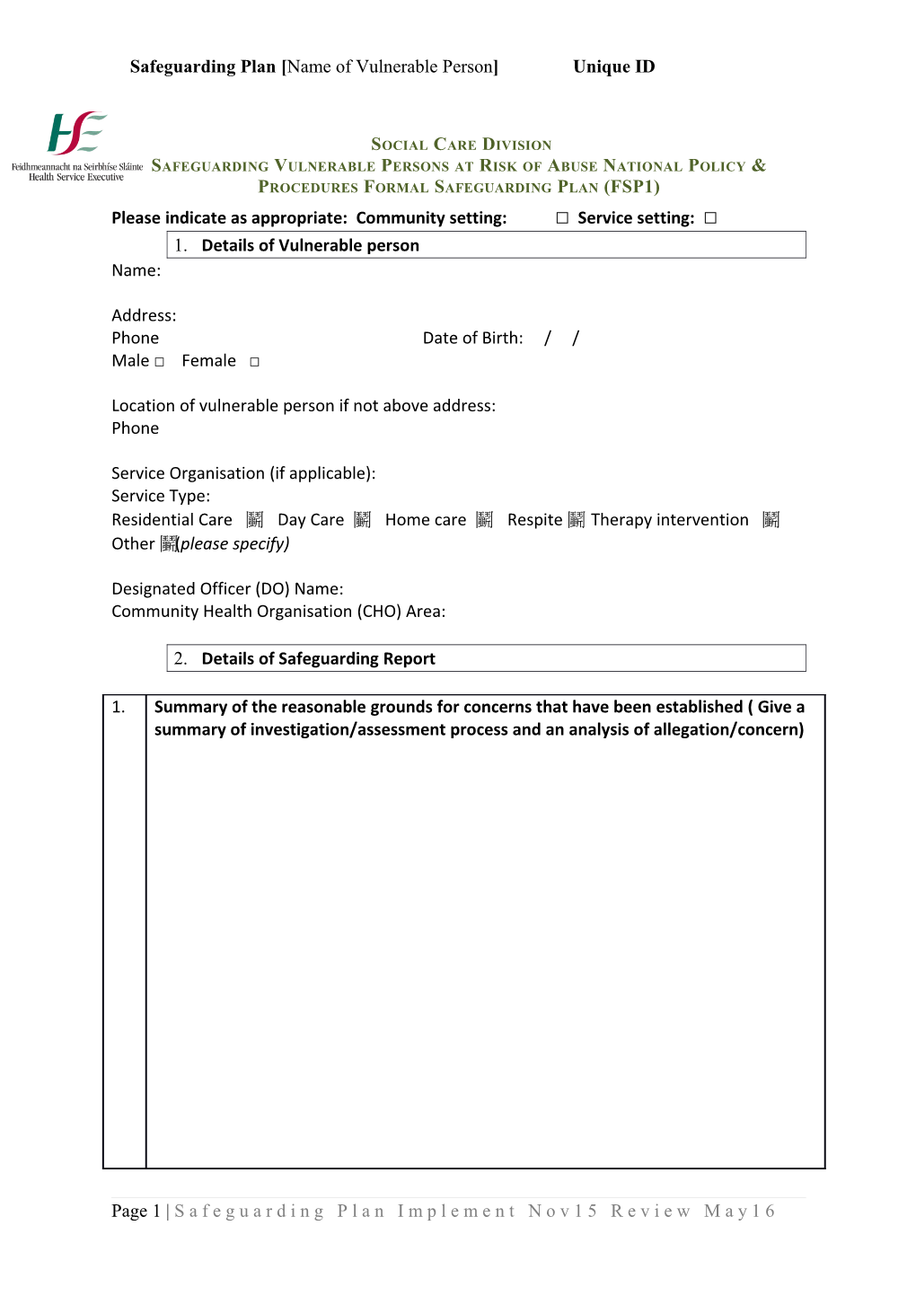 Safeguarding Plan Name of Vulnerable Person Unique ID