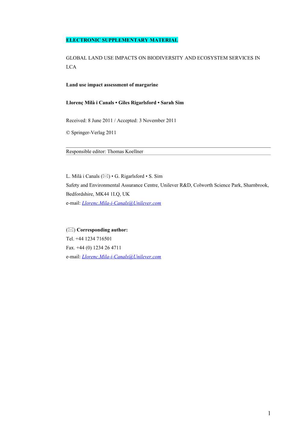 Land Use Impact Assessment of Margarine - Supporting Information