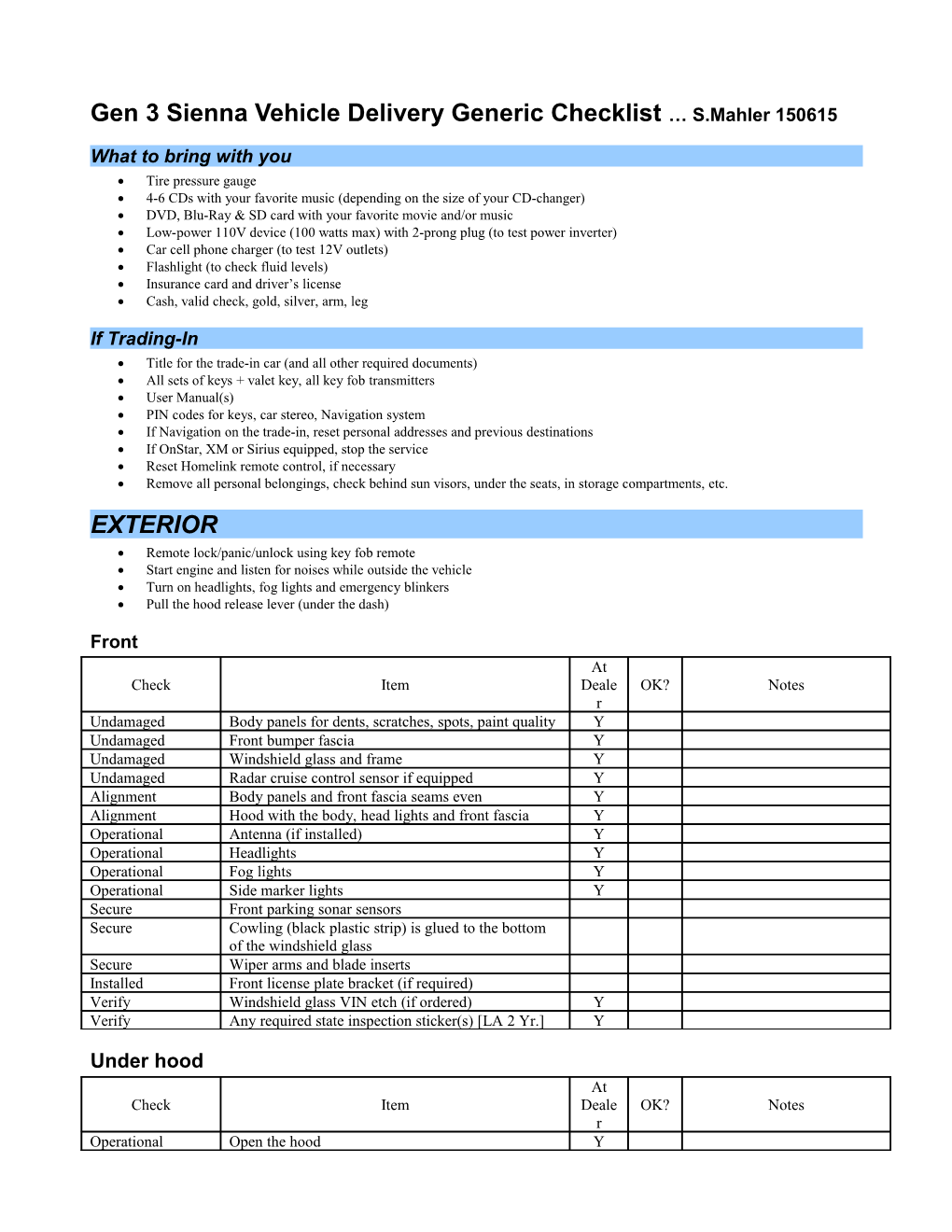2006 Sienna Vehicle Delivery Checklist