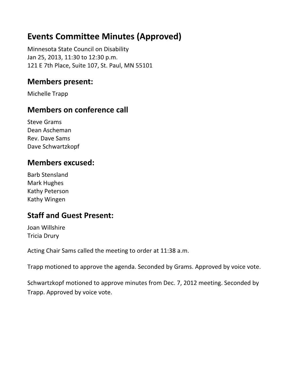 MSCOD Events Committee Meeting Minutes, 01/25/2013