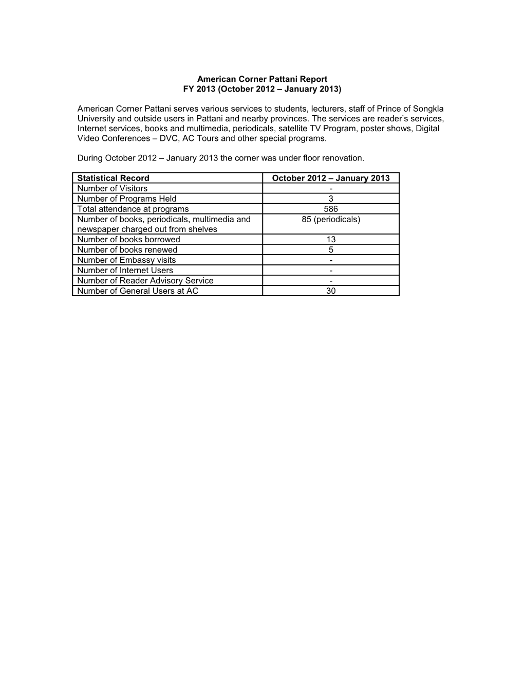 Sample American Corner Monthly Report