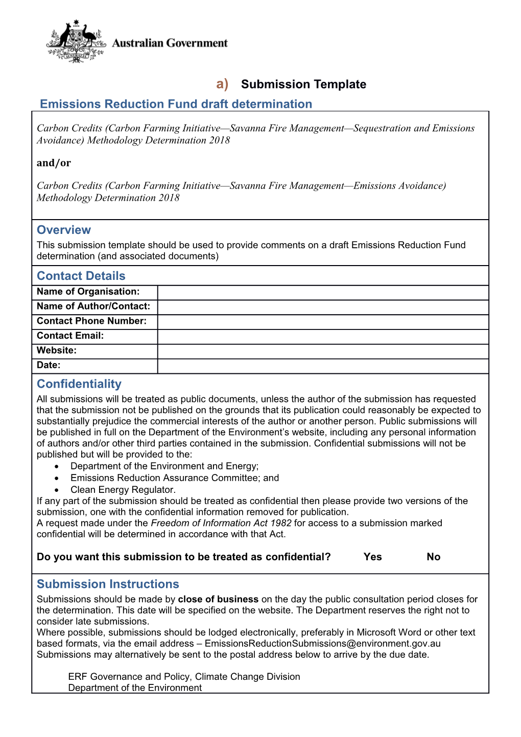 Emissions Reduction Fund Draft Determination - Submission Template