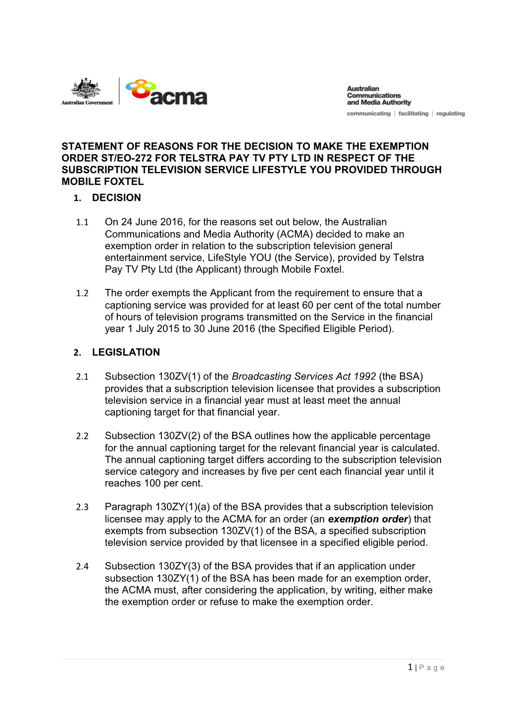 Statement of Reasons for the Decision to Make the Exemption Order St/Eo-272For Telstra