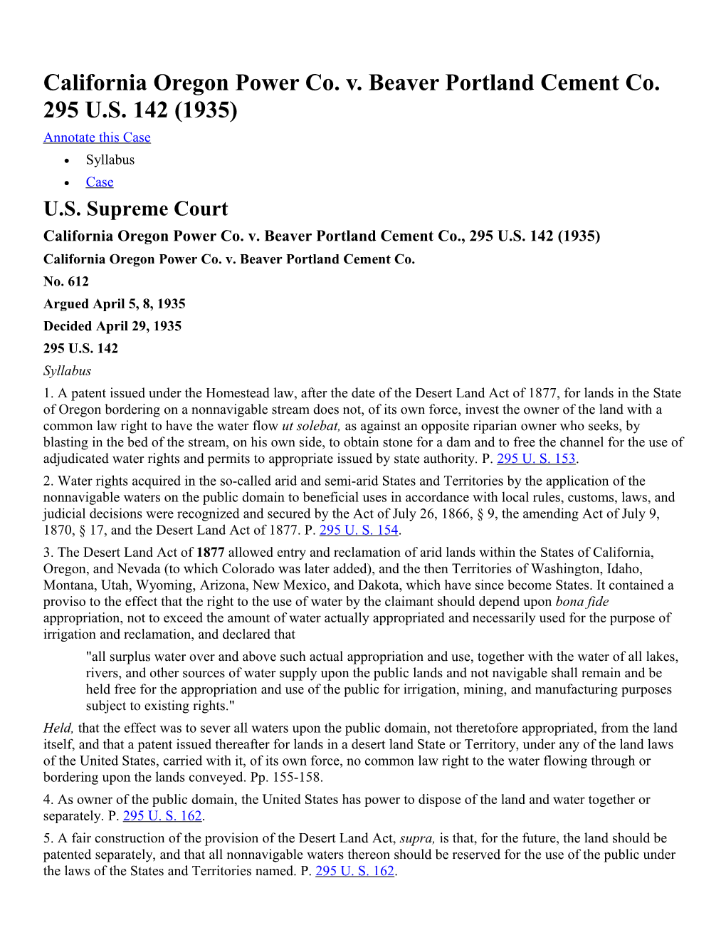 California Oregon Power Co. V. Beaver Portland Cement Co. 295 U.S. 142 (1935)