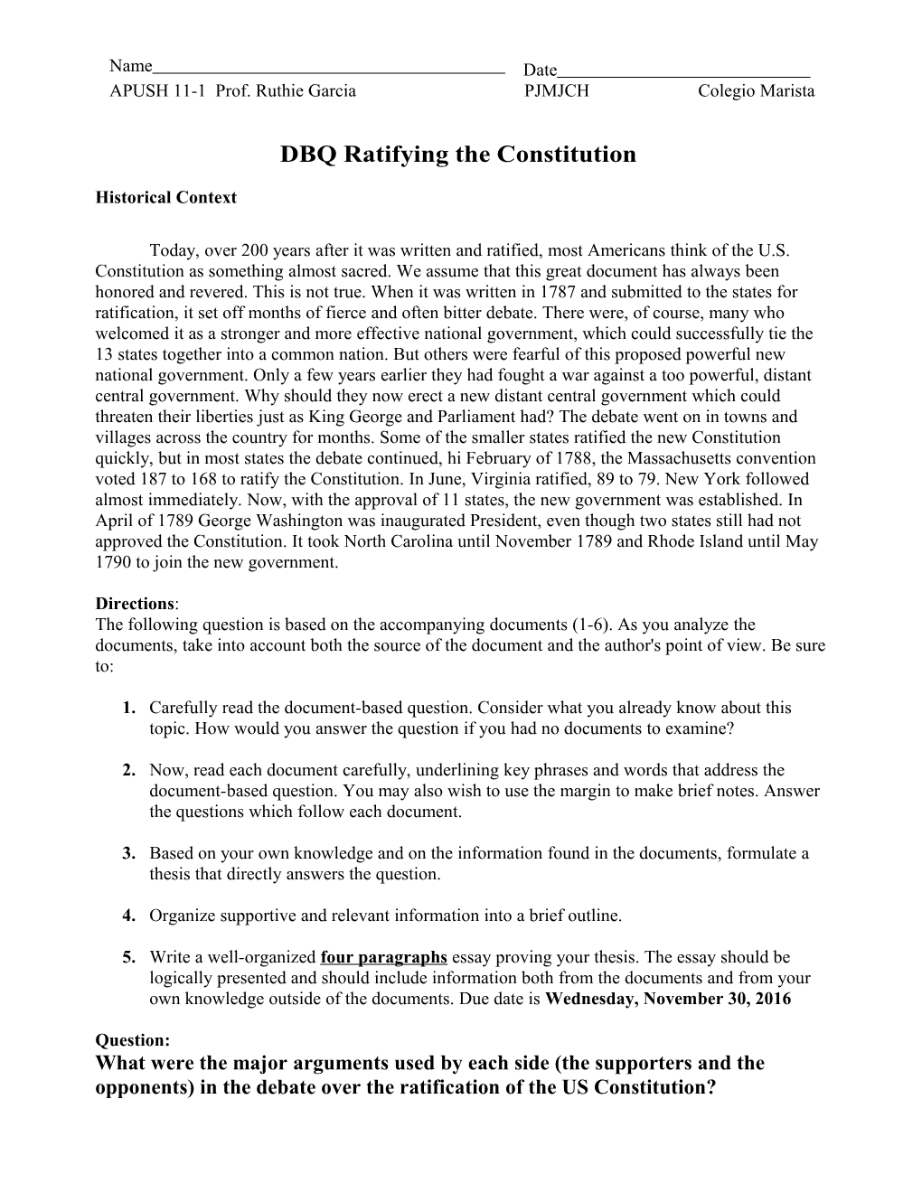 Document Based Question: Ratifying the Constitution s1