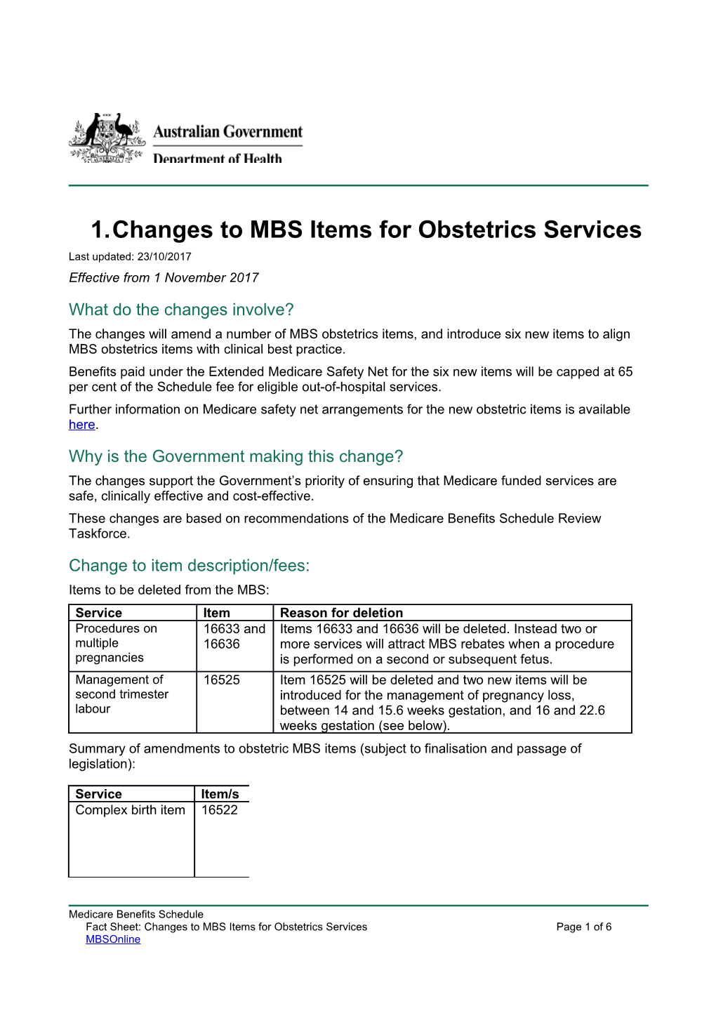 Changes to MBS Items for Obstetrics Services