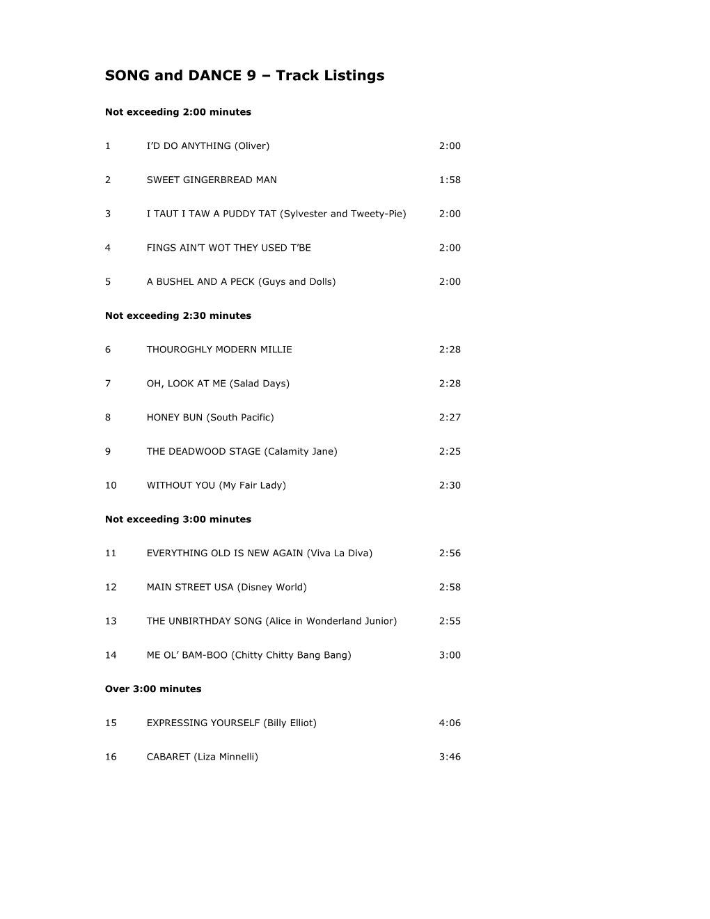 SONG and DANCE 9 Track Listings