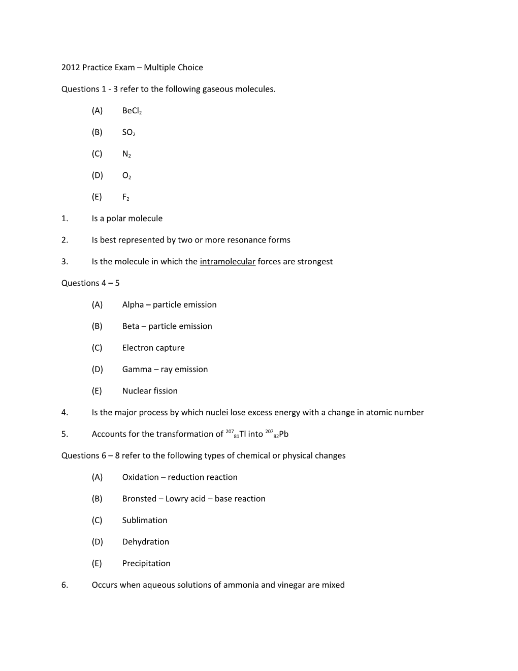 2012 Practice Exam Multiple Choice