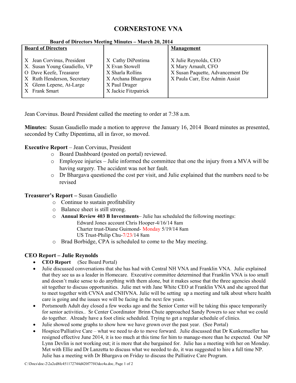 Board of Directors Meeting Minutes March 20, 2014