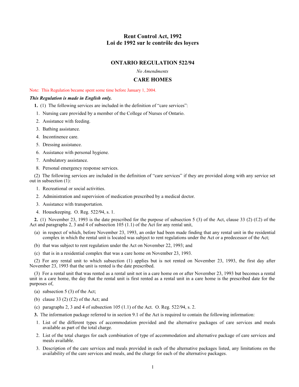 Rent Control Act, 1992 - O. Reg. 522/94