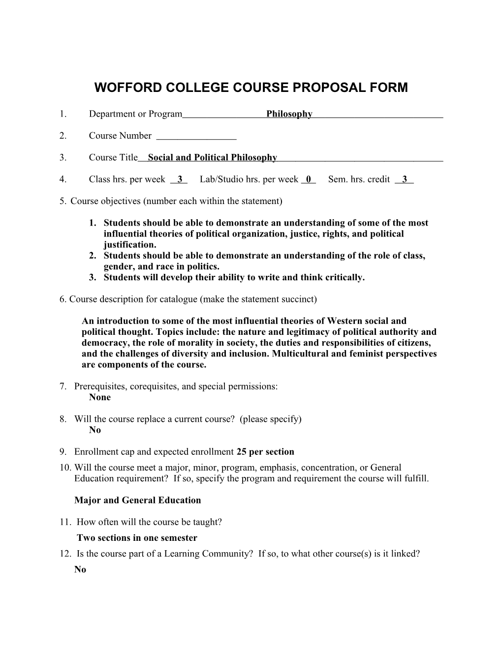 Wofford College Course Proposal Form