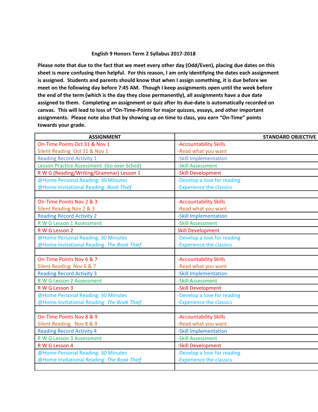 English 9 Honors Term 2 Syllabus 2017-2018