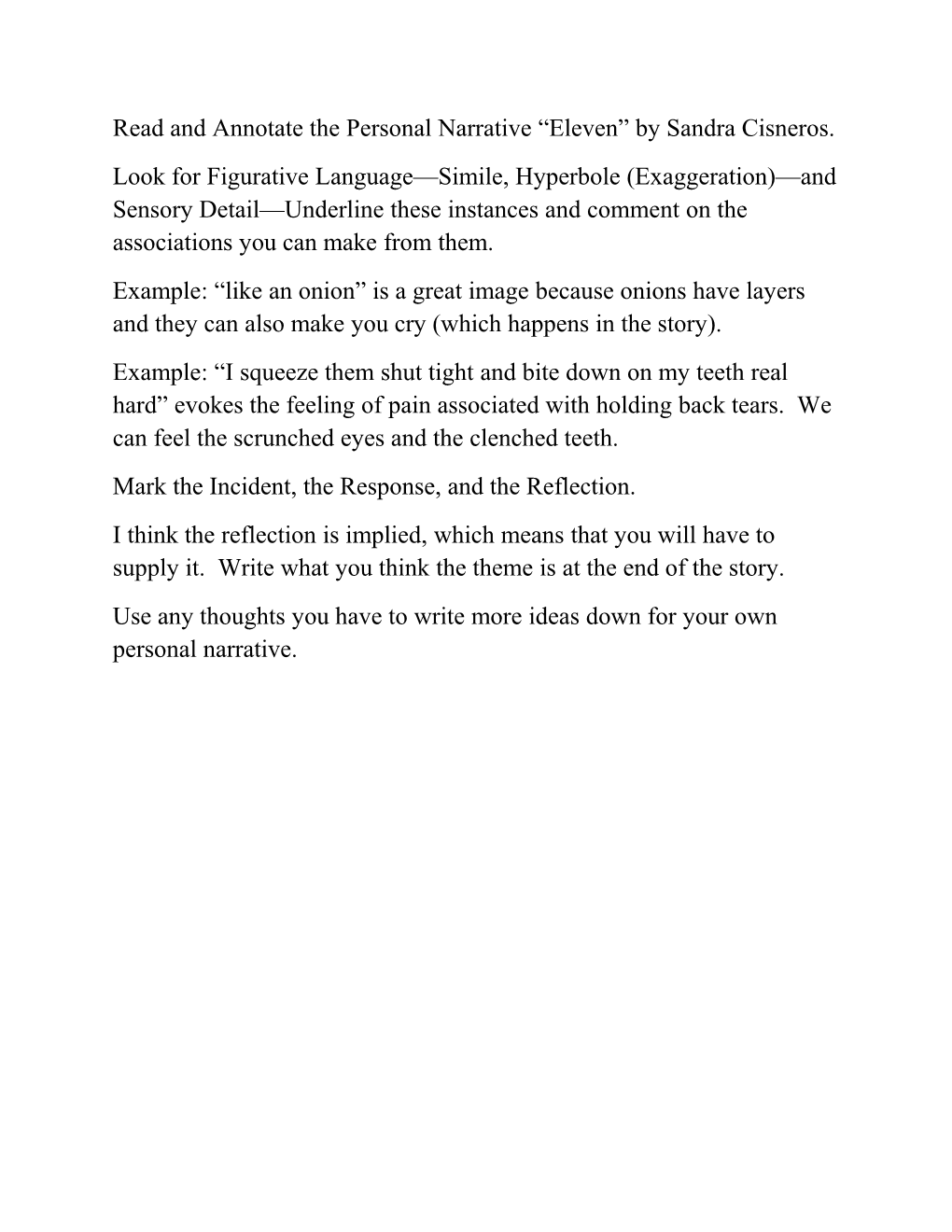 Read and Annotate the Personal Narrative Eleven by Sandra Cisneros