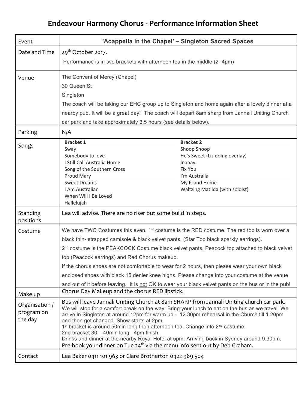 Endeavour Harmony Chorus - Performance Information Sheet