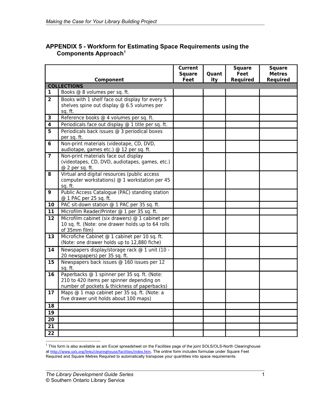 Library Guide #5: Making the Case for a Building Project - APPENDIX 5 - Workform for Estimating