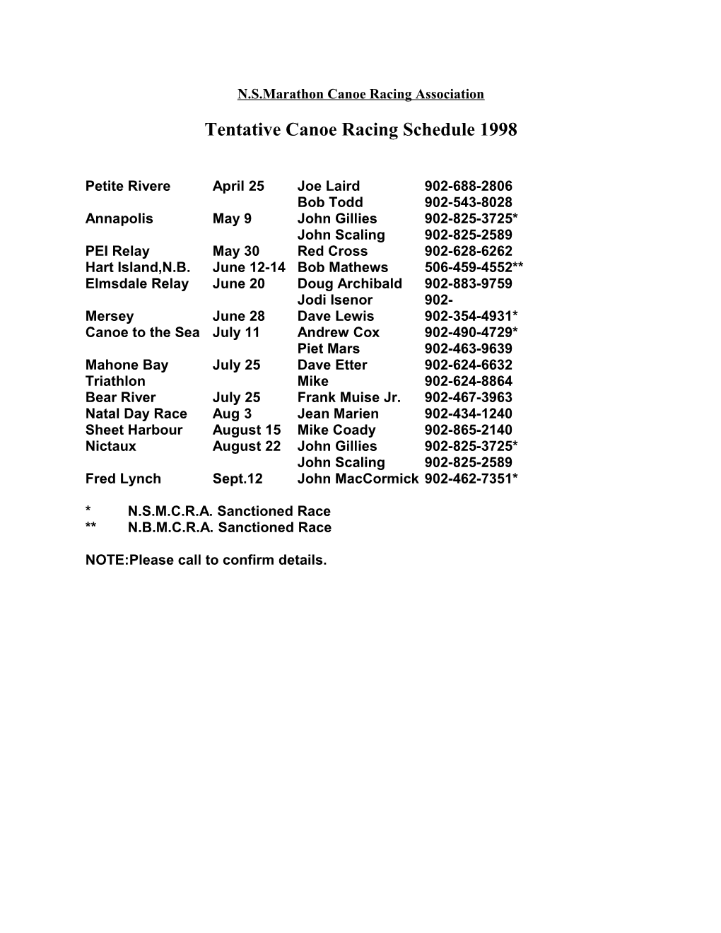 Tentative Canoe Racing Schedule 1998