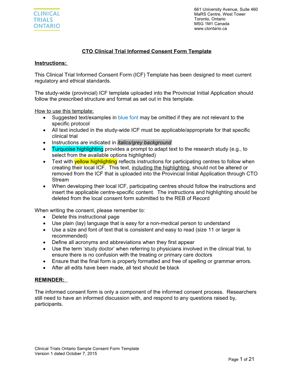 CTO Clinical Trial Informed Consent Form Template