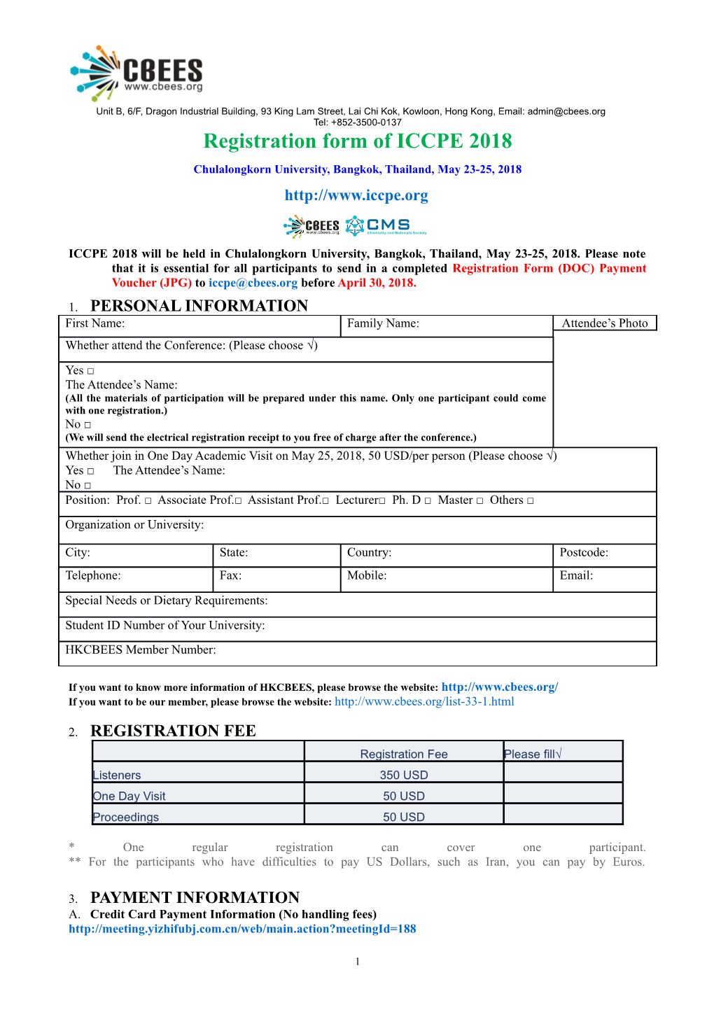 Registration Form of ICCPE 2018