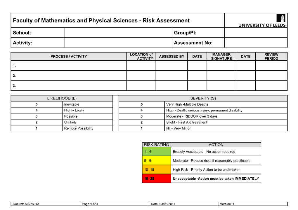 Faculty of Mathematics and Physical Sciences -Risk Assessment