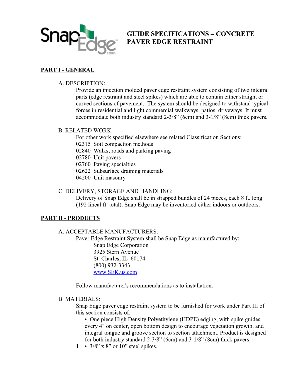 Guide Specifications - Paving Stone Edge Restraint