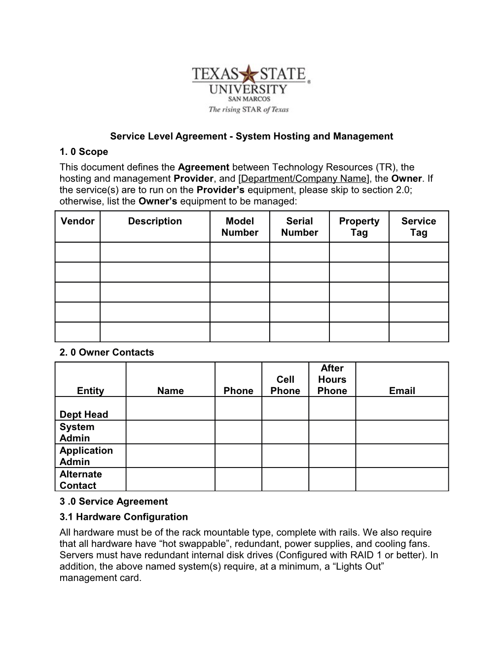 Service Level Agreement - Server Hosting and Management