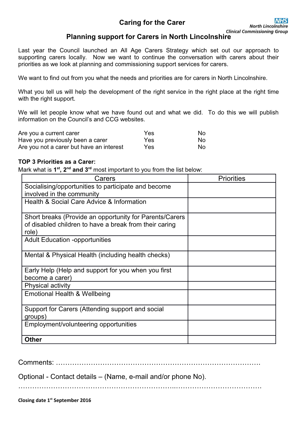 Planning Support for Carers in North Lincolnshire