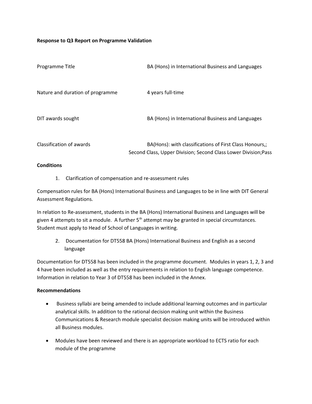 Response to Q3 Report on Programme Validation