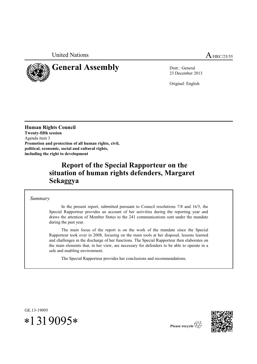 Report of the Special Rapporteur on the Situation of Human Rights Defenders in English