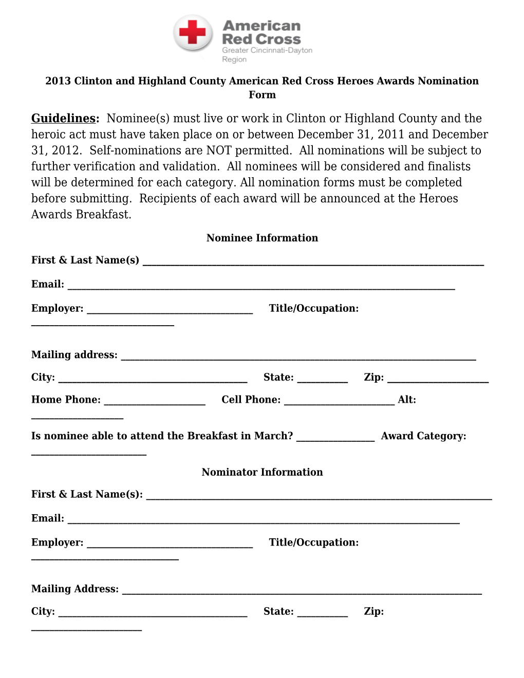 2013 Clinton and Highland County American Red Cross Heroes Awards Nomination Form