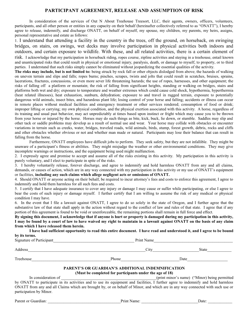 Participant Agreement, Release and Assumption of Risk