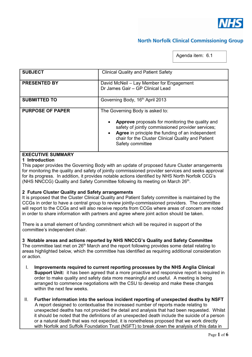 Approveproposals for Monitoring the Quality and Safety of Jointly Commissioned Provider